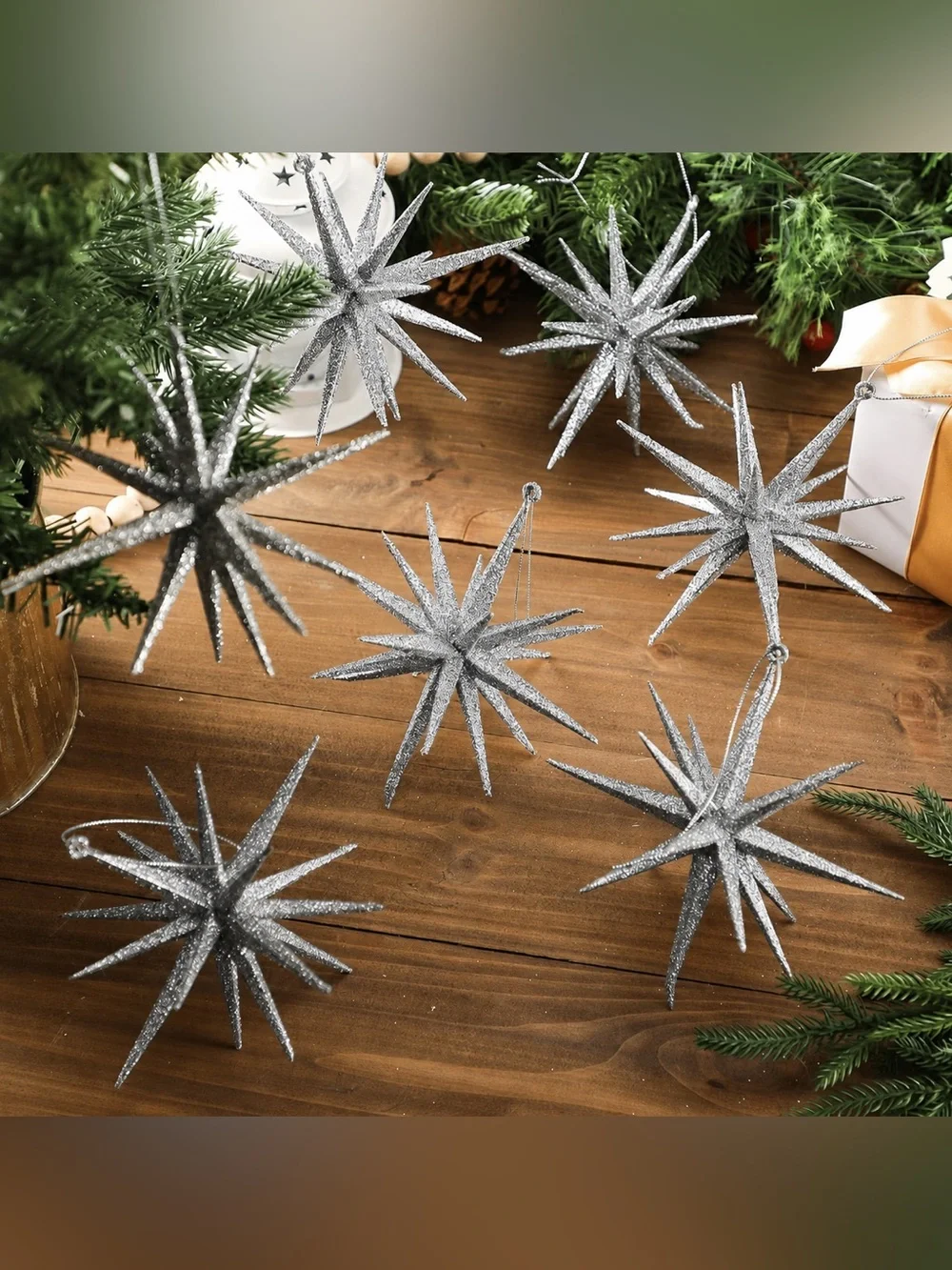 Glitter Silver Starburst Holiday Ornaments - 8 Piece NEW IN BOX     🎄🩶🎄6”
